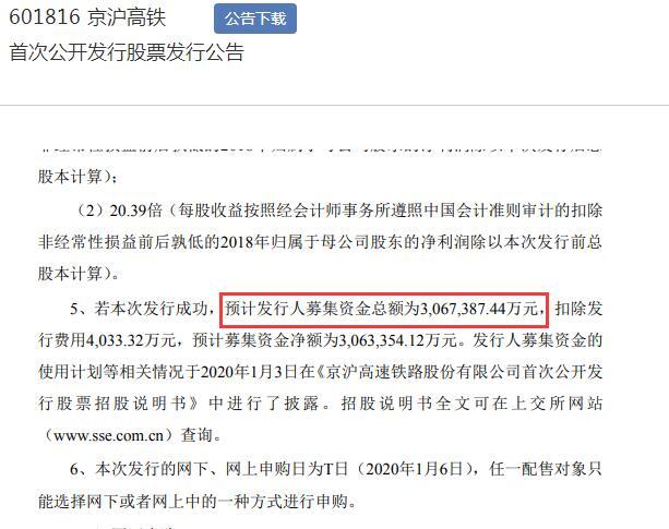 京沪高铁发行价定为4.88元/股，预计募资306.7亿元