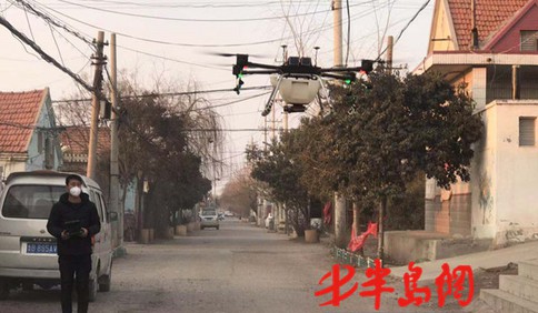 胶州：十架无人机消毒战队盘旋胶莱上空展开消杀