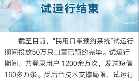 青岛民用口罩预约系统试运行结束  共预约口罩50万只
