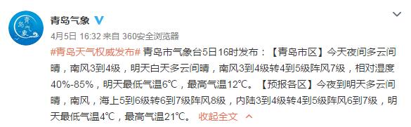 『青岛』4月6日山东持续晴暖青岛最高温21℃ 8日、10日青岛有阵雨
