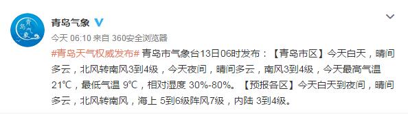 13@大风蓝色预警解除 4月13日青岛暖意十足最高温21℃