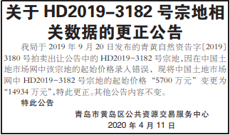『黄岛』黄岛1宗地块起始价格录入错误 特此更正