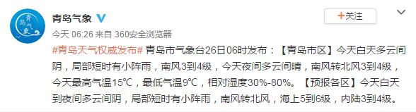 「」青岛解除大风蓝色预警 4月26日局部有小阵雨最高气温19℃