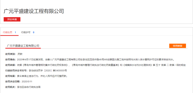 #平盛#未按要求排放污水 李沧区广元平盛建设工程有限公司被罚