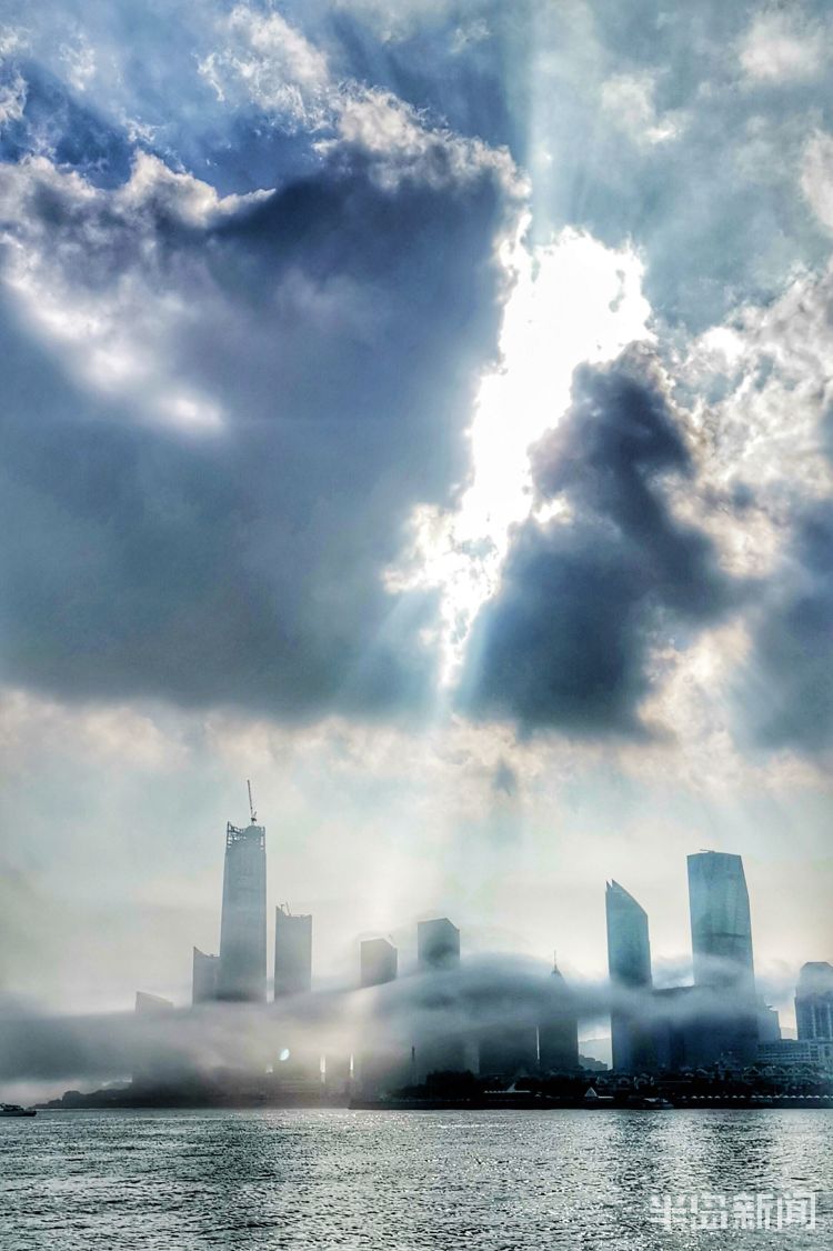 此景雾气飘进市南沿海林立的高楼中 层叠隐现场面震撼