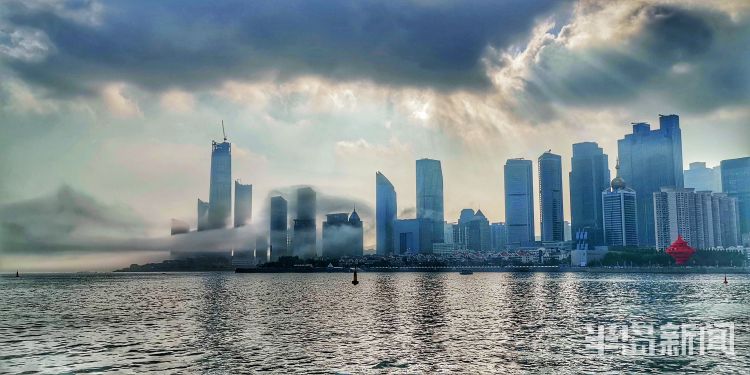 此景雾气飘进市南沿海林立的高楼中 层叠隐现场面震撼