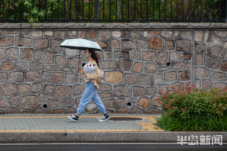 冒雨6月12日青岛飘起阵阵小雨 上班的人们匆匆走在雨中