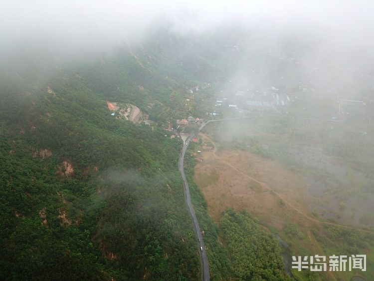 水库云雾笼罩下的崂山水库周边 植被郁郁葱葱生机无限