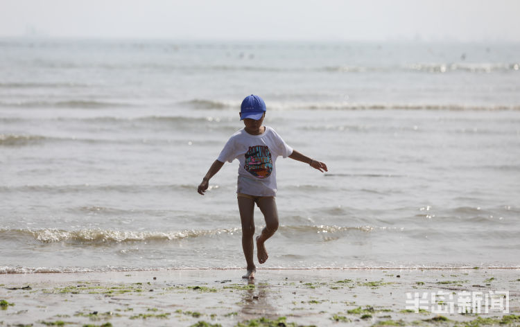 赶海青岛第一海水浴场沙滩上大退潮 市民洗海澡感受清凉