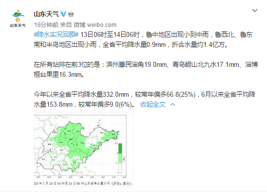 |7月14日青岛市区最高26℃ 今明两天山东鲁中等地雷雨频繁“打卡”