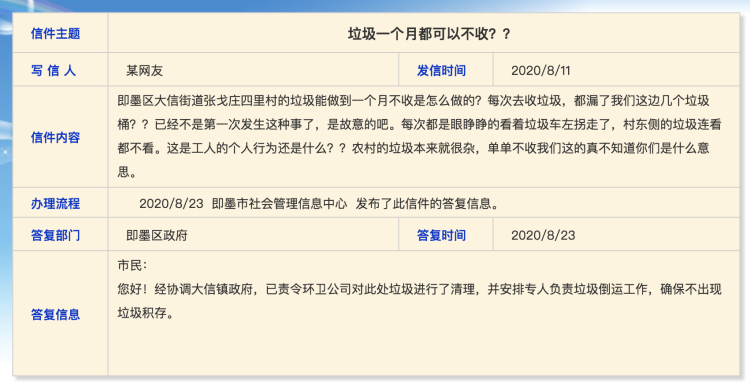 12345|垃圾一个月都没人收？即墨区政府：已责令环卫公司清理