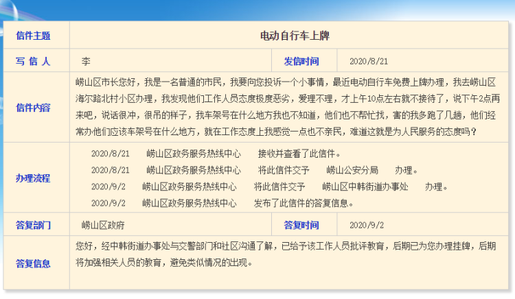态度恶劣|青岛市民反映给电动车挂牌工作人员态度恶劣 官方回复：已批评教育