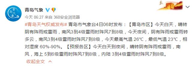 |山东今明天雷雨仍在线！9月4日青岛有阵雨或雷雨 市区最高气温26℃