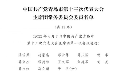 中国共产党青岛市第十三次代表大会主席团常务委员会委员名单