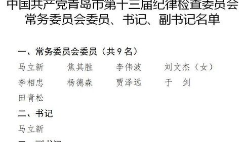 中国共产党青岛市第十三届纪律检查委员会常务委员会委员、书记、副书记名单