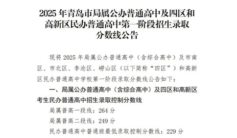 2025年青岛中考分数线公布 普高一段线264分