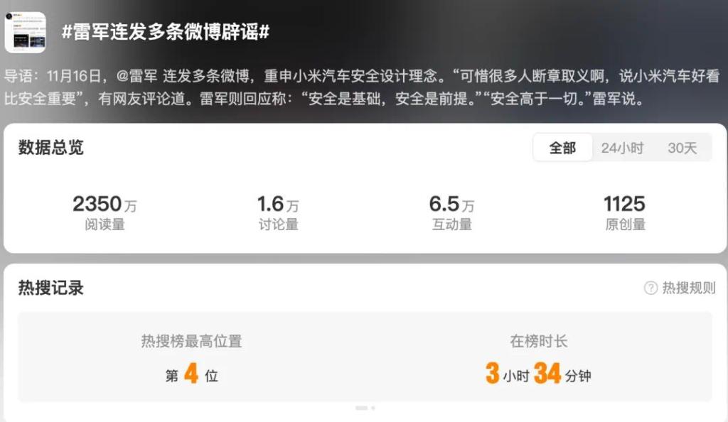 冲上热搜！雷军连发多条微博辟谣，强调小米汽车重视安全性