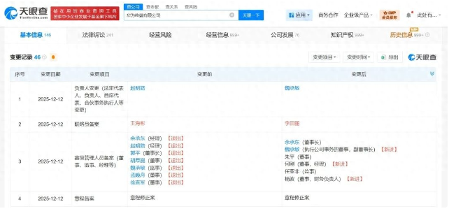 余承东任华为终端公司董事长，孟晚舟、徐直军等卸任董事