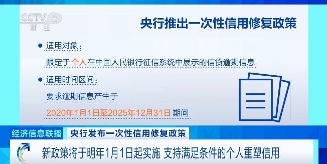 央行发布一次性信用修复政策 个人信用修复需满足四个条件