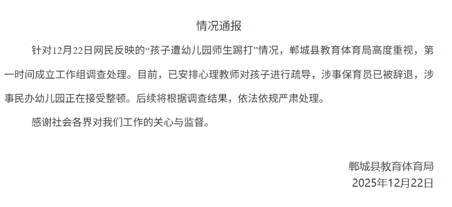 “孩子遭幼儿园师生踢打”，官方通报