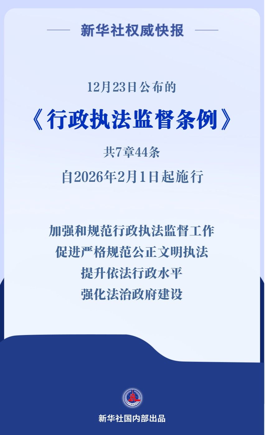 《行政执法监督条例》自2026年2月1日起施行