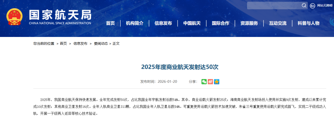 国家航天局：2025年商业航天完成发射50次