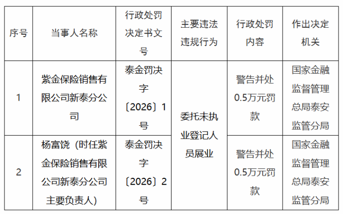 紫金保险销售有限公司新泰分公司领（〔2026〕1号）罚单，因委托未执业登记人员展业