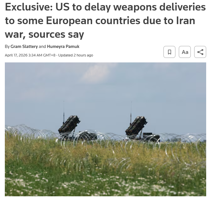 受伊朗战事影响，美国将推迟向部分欧洲国家交付武器