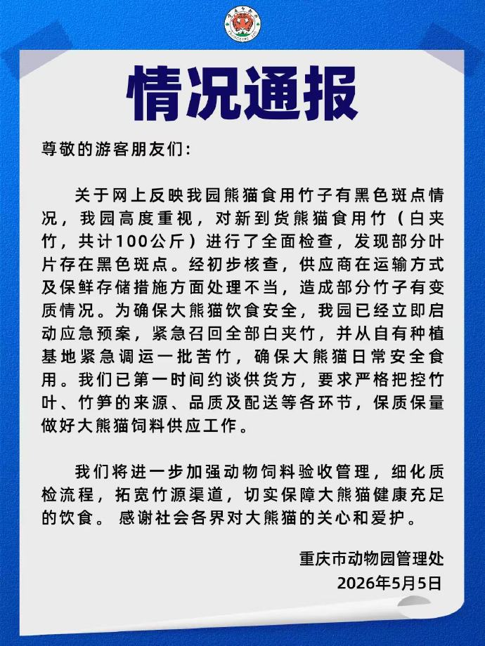 熊猫食用的竹子有黑色斑点？重庆动物园通报：部分竹子有变质情况
