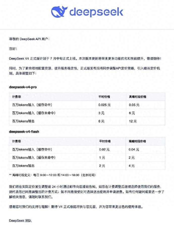 DeepSeekV4正式版7月中旬上线，引入峰谷定价机制，API高峰时段价格翻倍