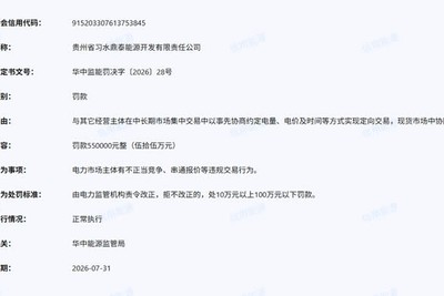 存在串通报价等违规交易行为 贵州省习水鼎泰能源开发有限责任公司被罚55万元