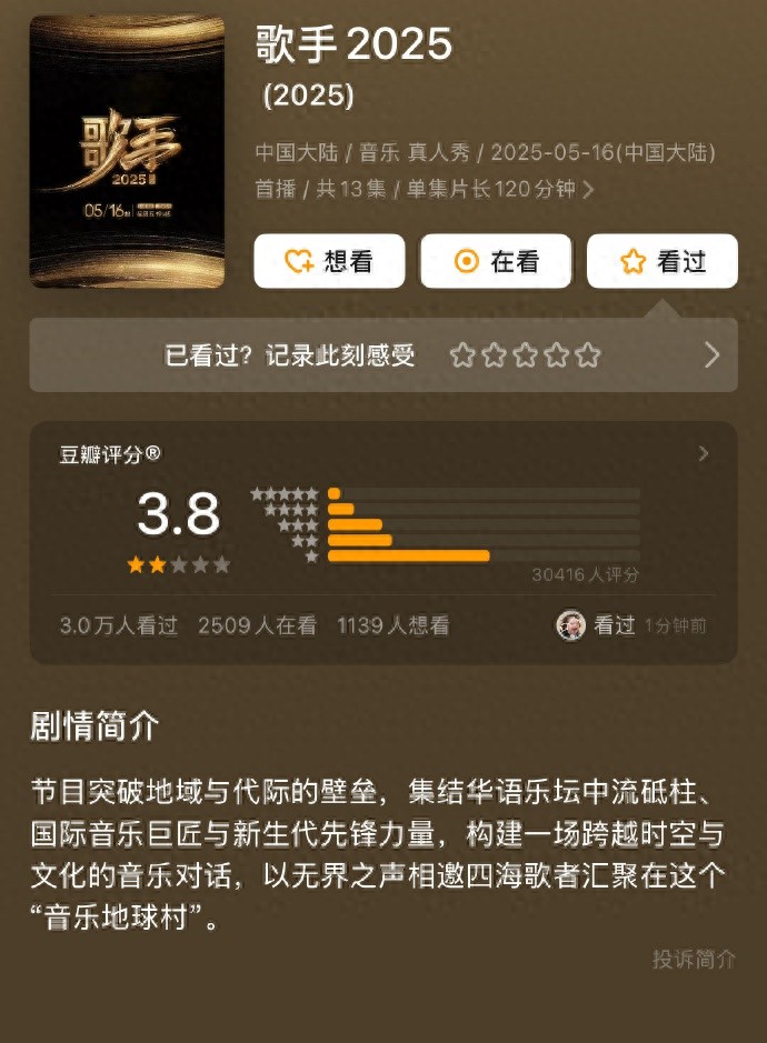 《歌手2025》豆瓣3.8分，十季以来最低评分，此前节目组致歉，歌王陈楚生否认是“皇”