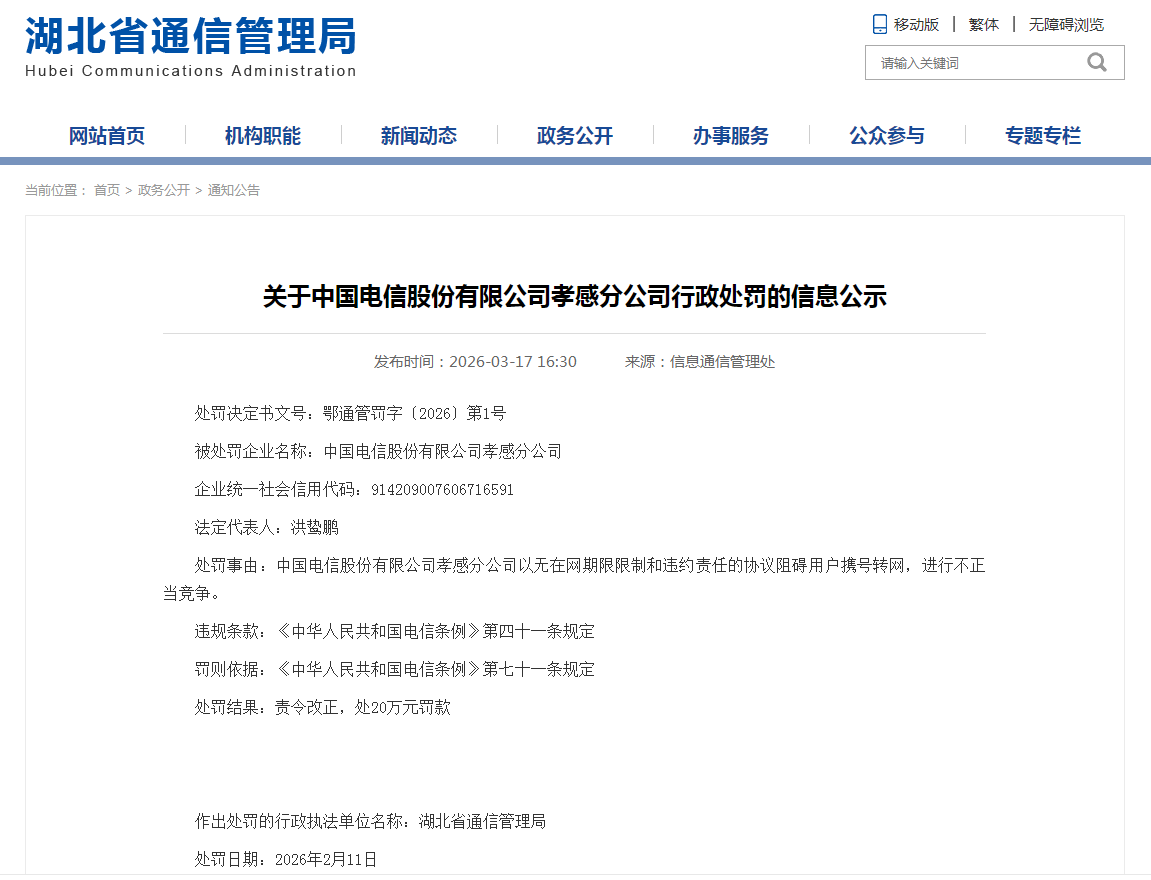 中国电信一分公司因阻碍用户携号转网被湖北省通信管理局罚款20万元-半岛网
